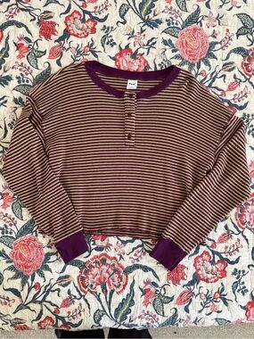 TNA Purple & Tan Striped Cropped Henley